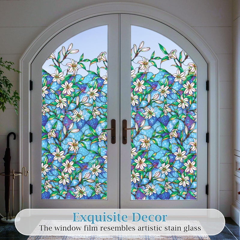 Coavas Decorative Window Privacy Film, Heat Control Sun Blocking Stained Glass Window Film, Floral Design Static Cling, Non Adhesive Windows Tint for Bathroom Front Door (Vinyl, 23.6" x 157.4 ") - Image 4
